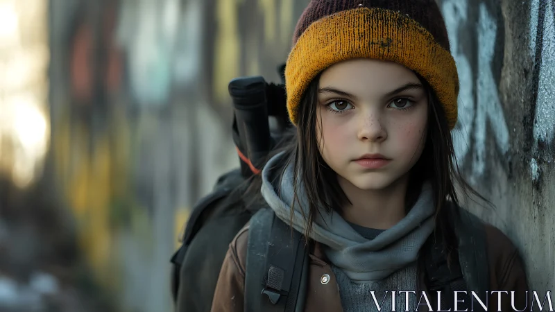 Young wanderer stands against graffiti wall in cold light