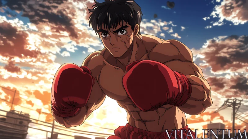Determined street boxer standing strong under glowing skies.