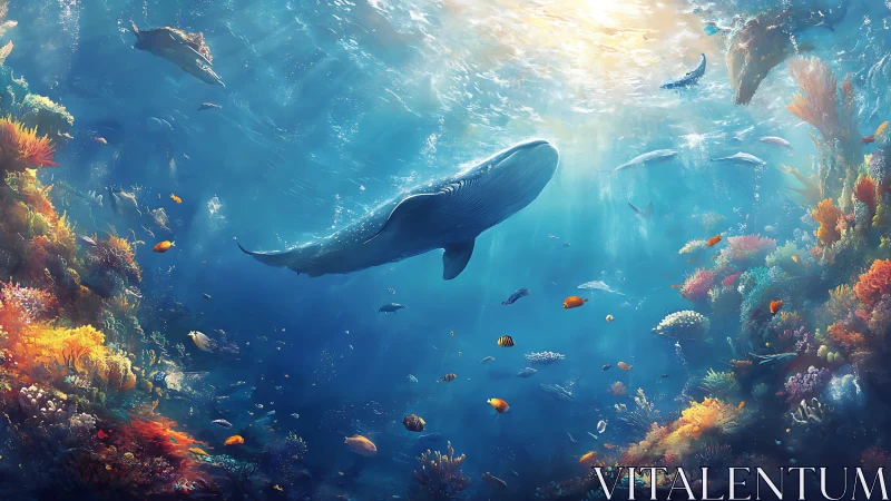 Gentle whale glides through a glowing coral reef paradise
