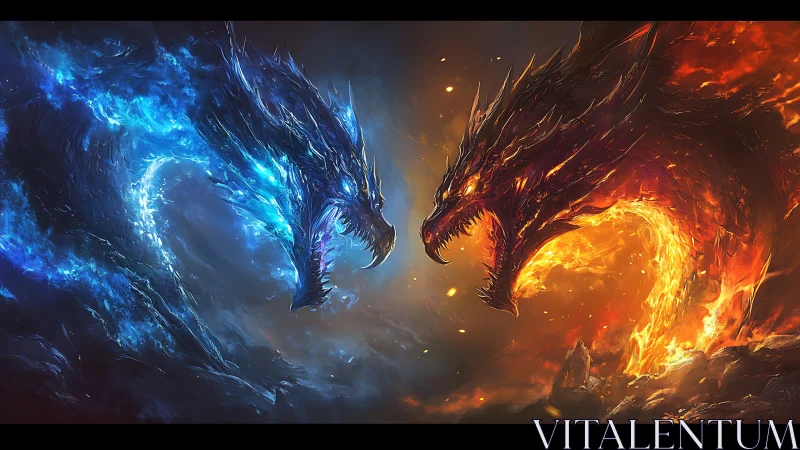 Elemental dragon duel in mirrored blue flame and wildfire.
