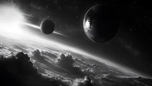 Monochrome space scene with planets above clouded world.