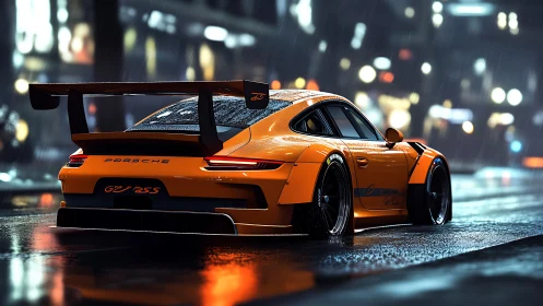 Orange Porsche GT3 RS rendered on wet neon-lit city street
