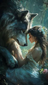 Gentle forest bond between dreamy girl and loyal wolf spirit.
