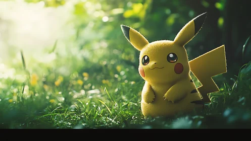 Pikachu rendered in sunlit forest environment scene.