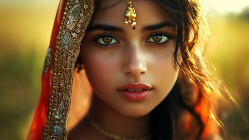 Portrait of woman in ornate veil under warm backlight.