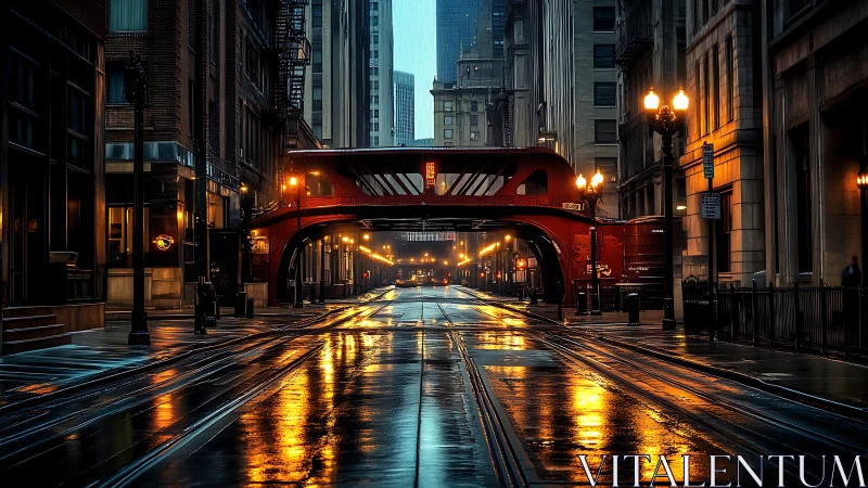 Rain-soaked city street under red bridge at night.