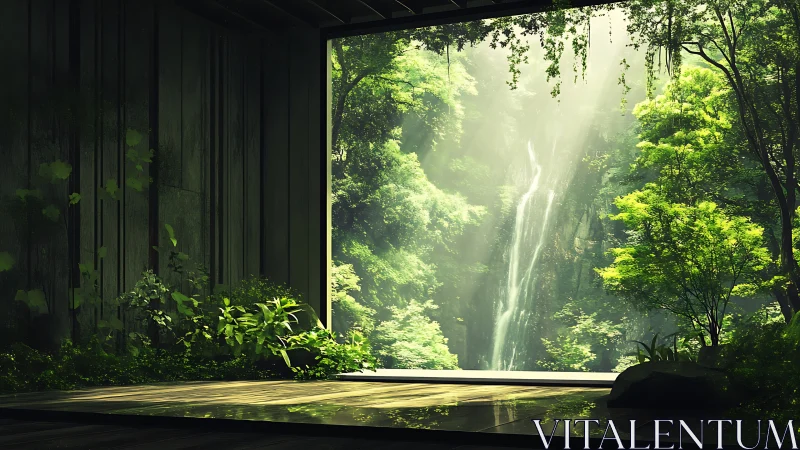 Minimalist pavilion framing lush rainforest waterfall vista.