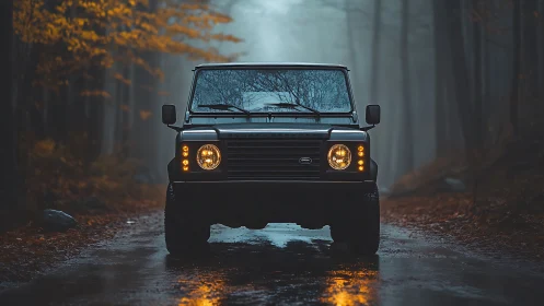 Off-road SUV facing camera on wet forest road at dusk.