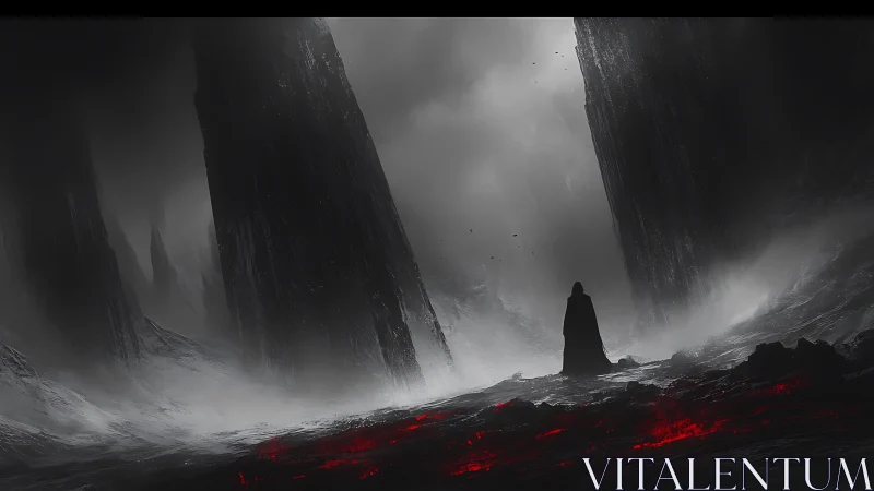 Wanderer of the ash horizon under towering obsidian cliffs.