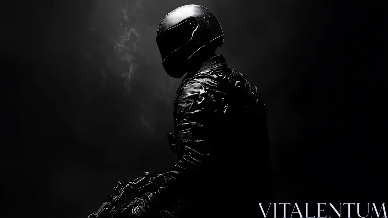 Armored helmeted figure sits in profile in deep shadows