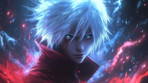 Storm-eyed fireweaver in neon cosmic embers stares back.