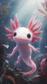Cute pink axolotl glows in dreamy underwater light.