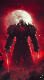 Digital painting of armored blood-red warrior under full moon.