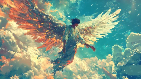 Winged humanoid figure suspended in vivid cloudscape sky.