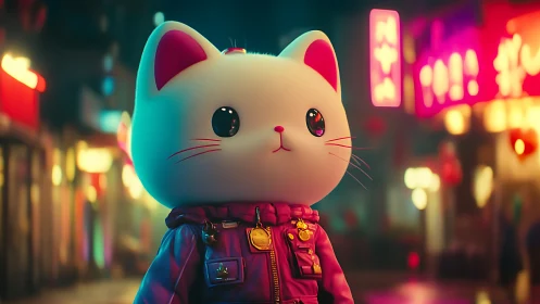 Neon night markets crown a tiny cyberpunk lucky cat hero
