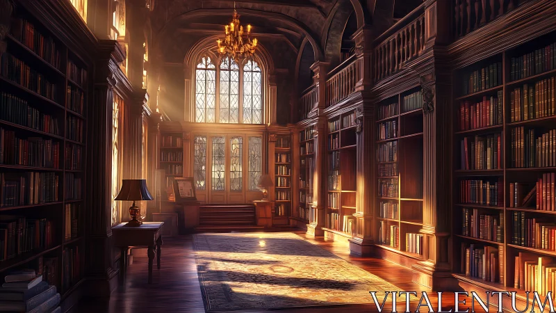 Sunlit grand library hall glows with warm timeless elegance.