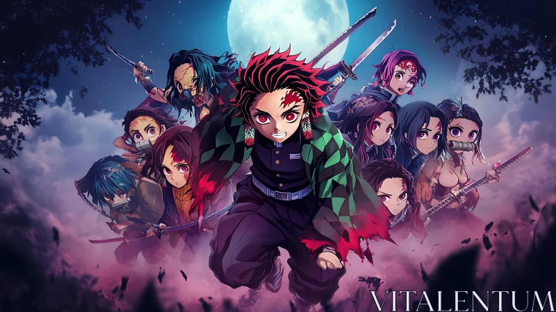 Moonlit anime warriors charge forward through swirling mist