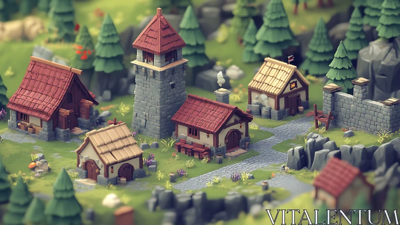 Isometric medieval village with tower and stone fortifications.