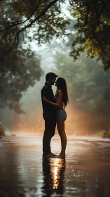 Couple shares intimate moment in rain beneath tree canopy.