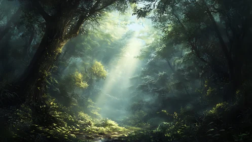 Misty Forest Passage with Celestial Light Rays