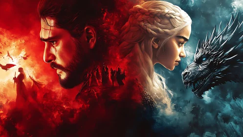 Fiery and icy fantasy heroes facing destiny and a dragon.