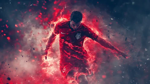 Soccer player in red kit surrounded by dynamic red energy
