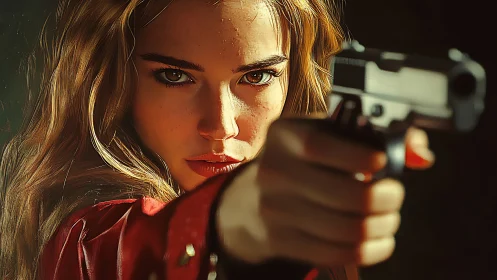 Close-range female protagonist aiming semiautomatic pistol