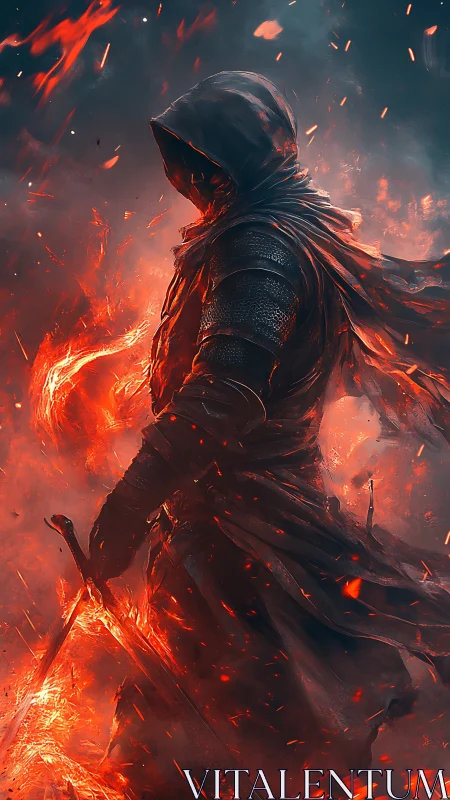 Inferno-clad rogue strides through embers of a fallen realm.