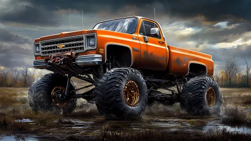 Mud-soaked lifted pickup dominating stormy wetland terrain.