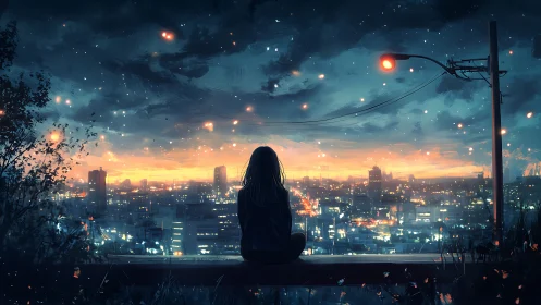 Solitary silhouette overlooks glowing twilight city skyline