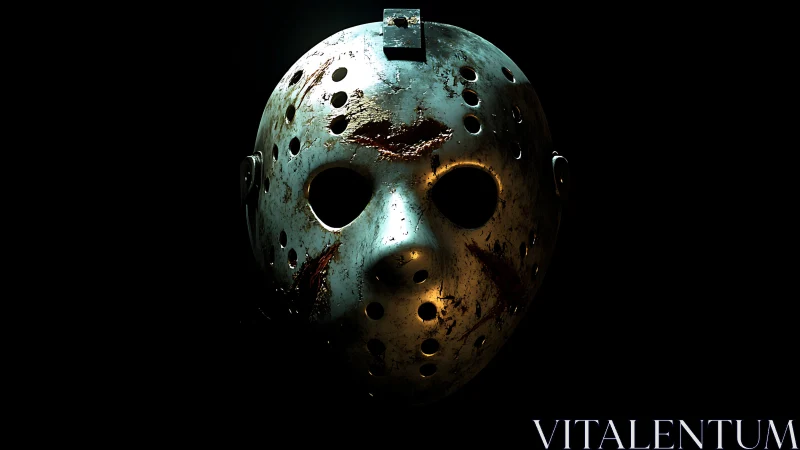 Bloodstained hockey mask glows ominously in black void