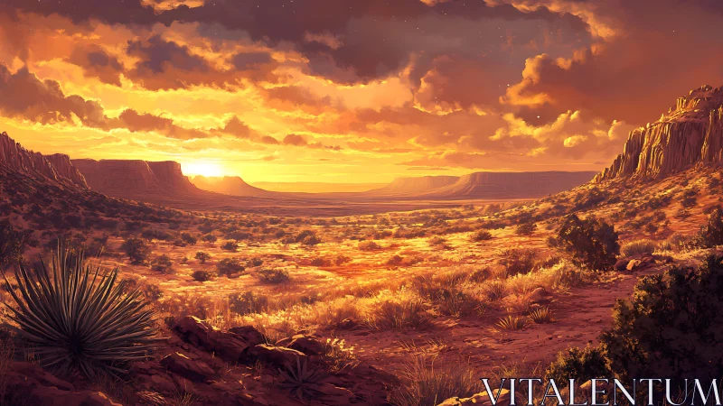 Sunlit canyon desert glowing under molten ember skies.