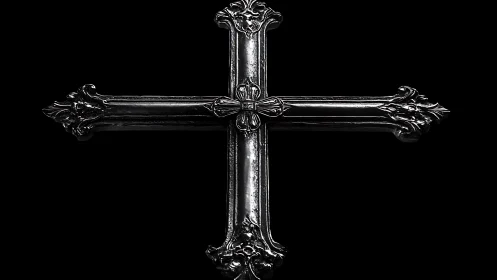 Ornate black metal cross rendered on deep black background