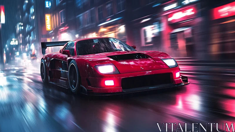 Red supercar slices through neon soaked night city rain