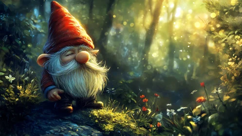 Forest gnome rests in glowing sunlit clearing