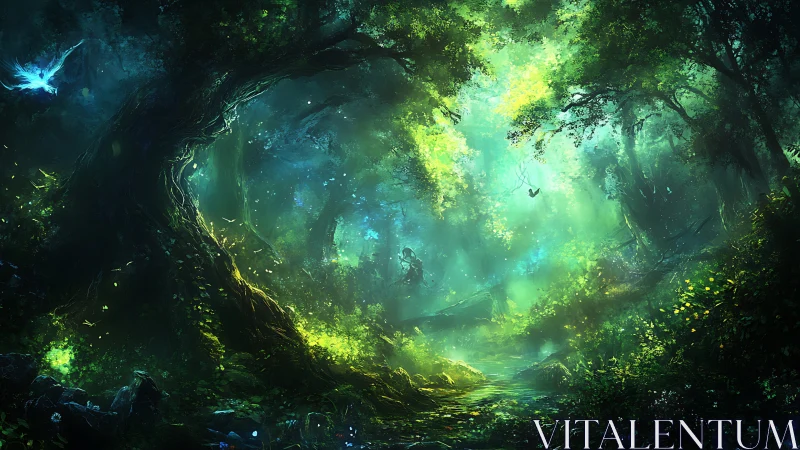 Mystical Forest Cavern with Bioluminescent Light and Flying Creatures.