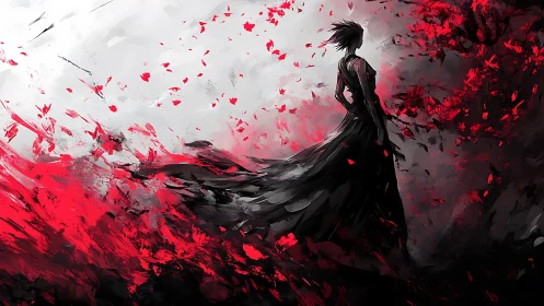 Silhouetted figure in flowing black dress amid red vortex field
