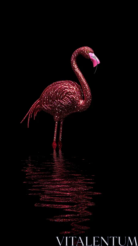 Glittering pink flamingo stands over dark reflective water