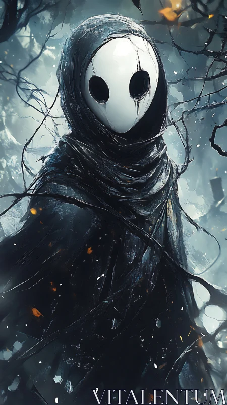 Digital painting of masked wraith in wintry tangled thicket.