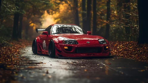 Photorealistic widebody Toyota Supra on wet forest road at dusk.