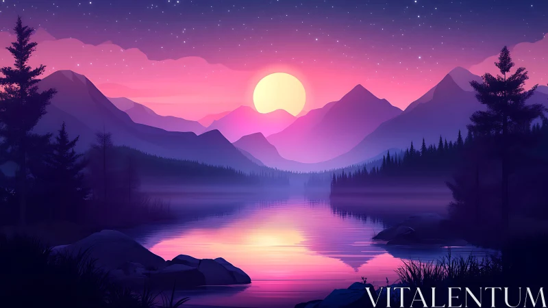 Cotton-candy twilight paints mountains in mirrored lake hush