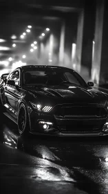 Midnight muscle car glowing softly on rain-slick streets.