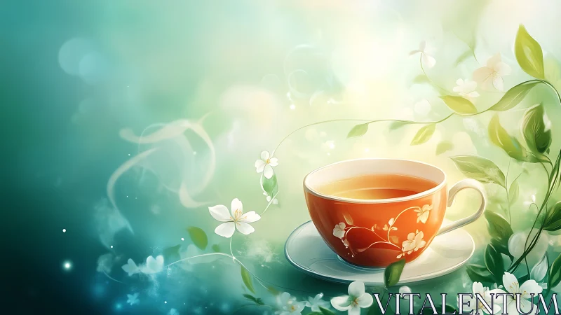 Orange floral teacup with green foliage and soft bokeh.