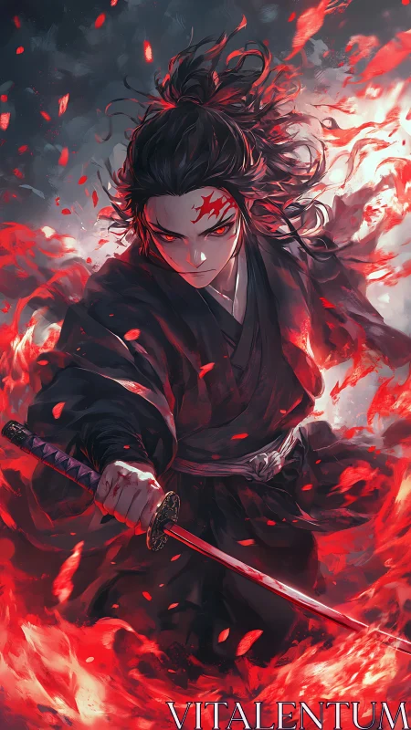Blazing samurai warrior steps forward wrapped in crimson fire