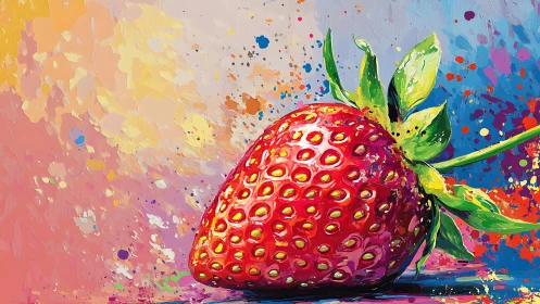 Strawberry study under vivid splatter brushwork backdrop.