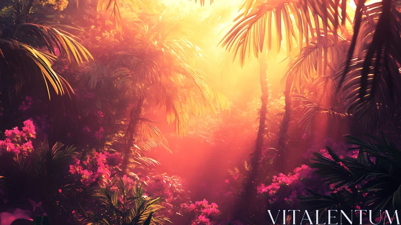 Sunlit tropical jungle glows with dense pink flowering plants
