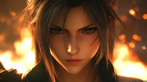 Fierce green-eyed hero framed by glowing embers and fire.