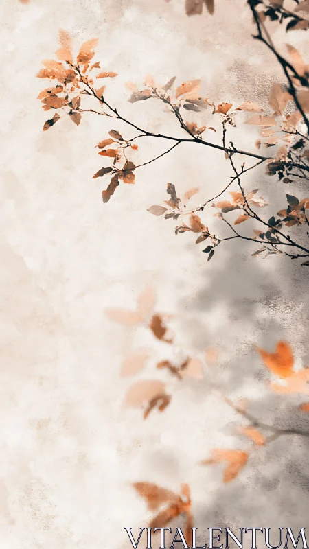 Thin branch with soft orange leaves crosses a pale wall