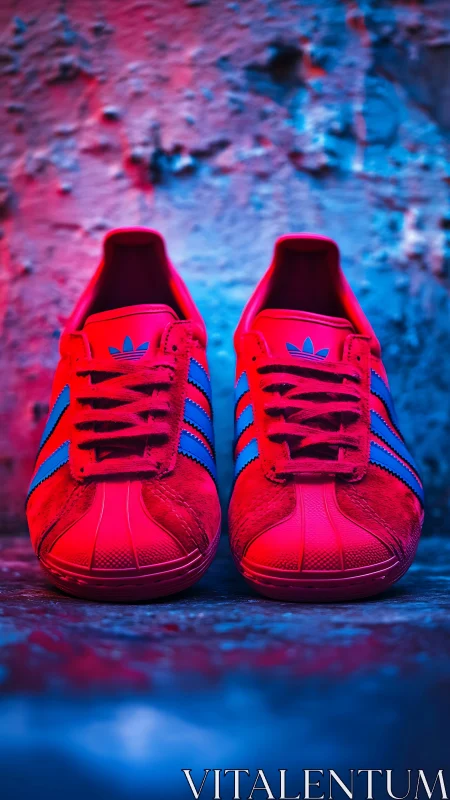 Bilateral sneaker product shot under saturated red blue gel lighting