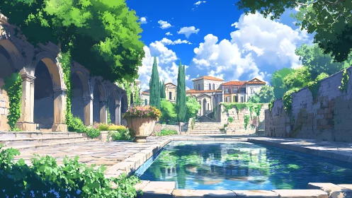 Sunlit Mediterranean courtyard pool rendered in anime clarity